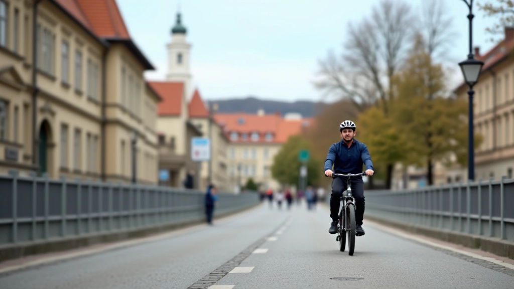 Cyclist on urban bike path in Prague with historic buildings in background