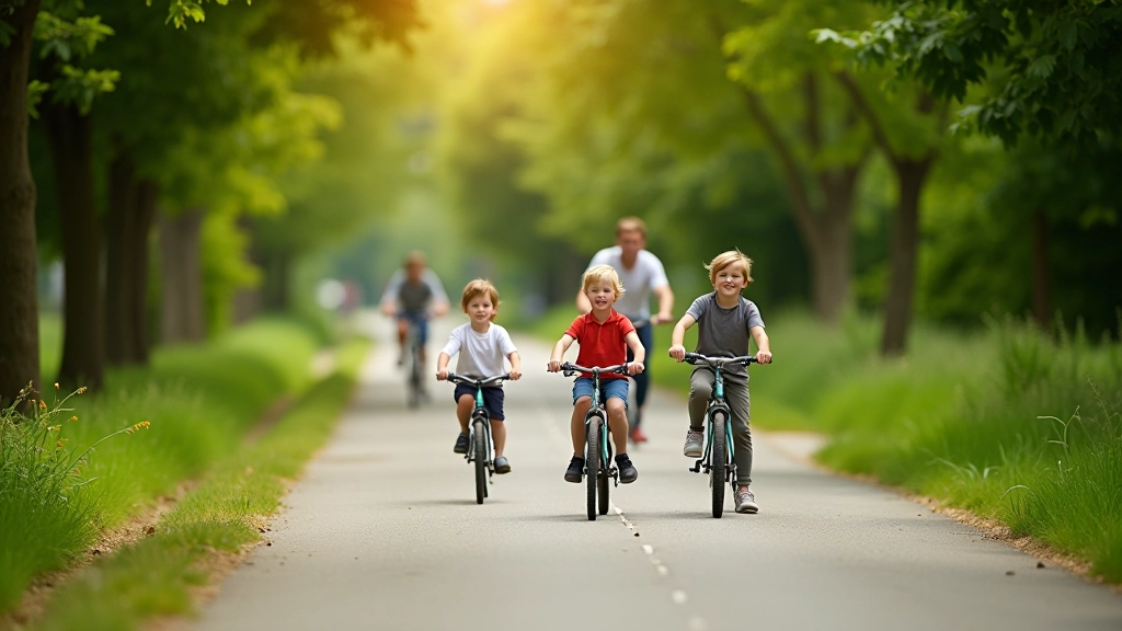 Family cycling together on a safe, flat path through green countryside